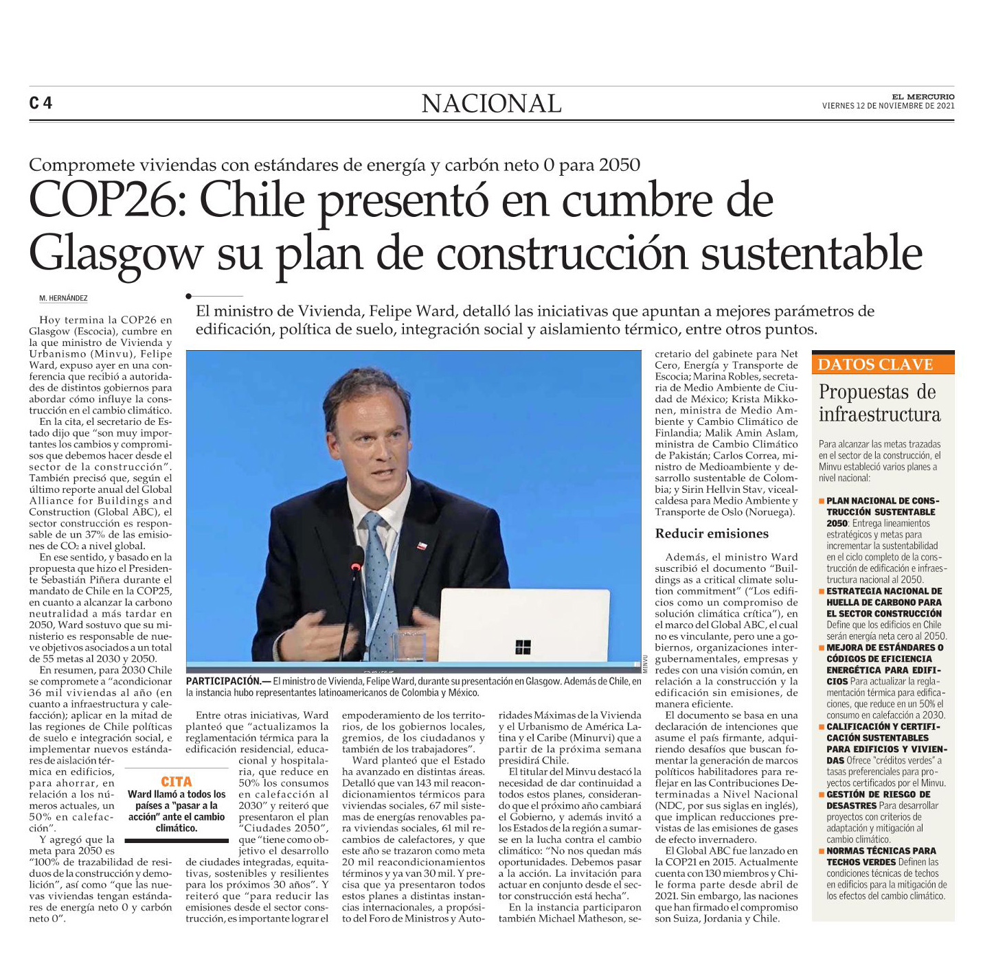 COP26: Chile presentó en cumbre de Glasgow su plan de construcción sustentable